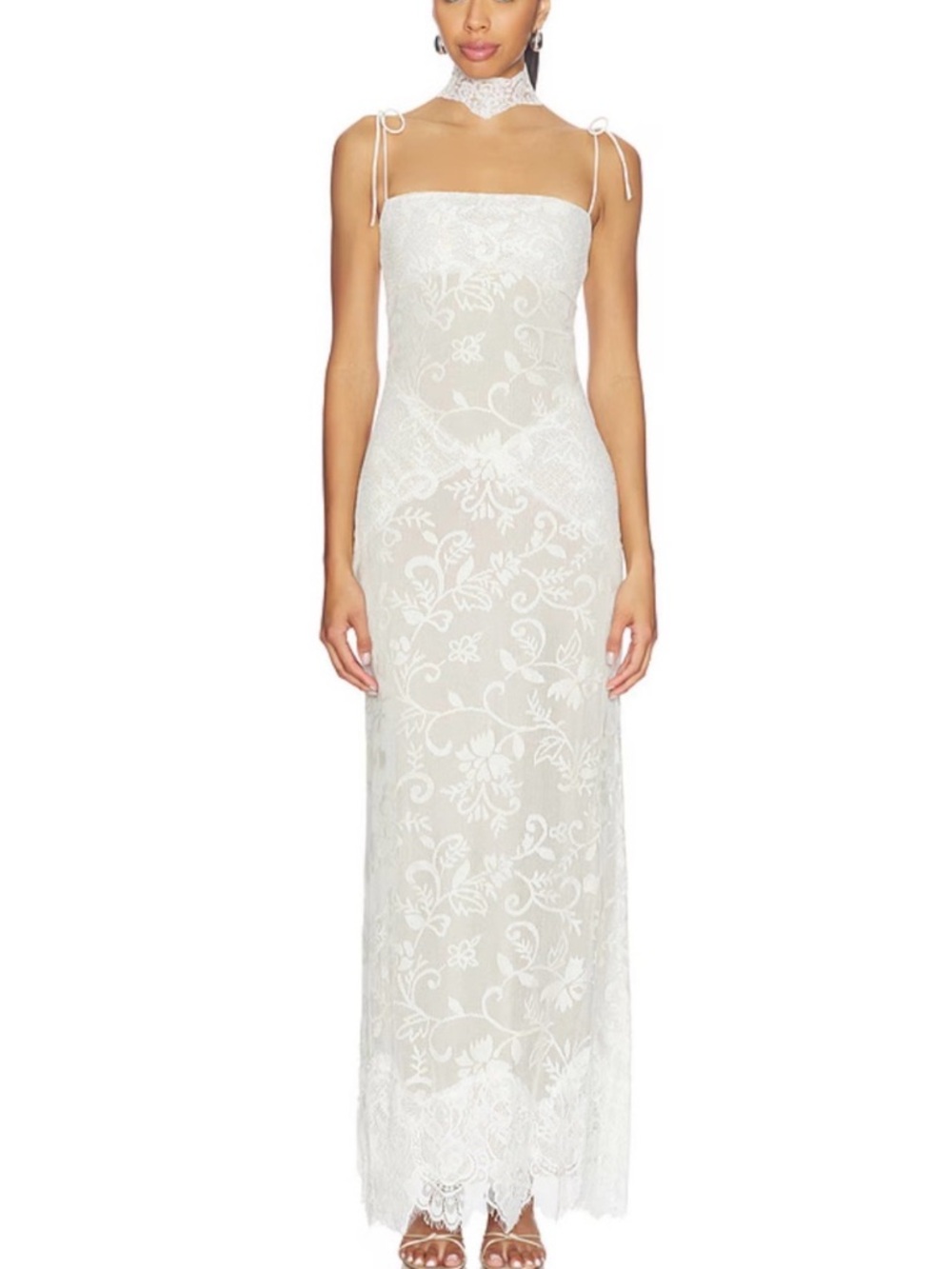 White Lace Maxi Dress with Tie-Shoulder Straps